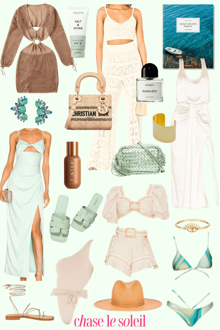 collage of clothing and accessories for the ultimate santorini packing list for the greek islands