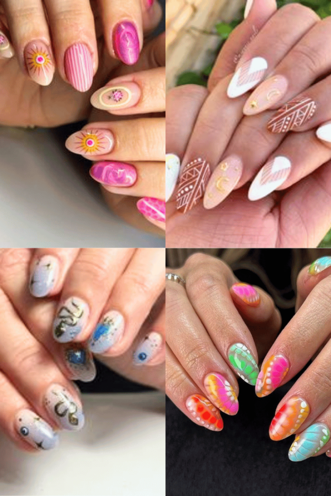 4 different sets of vibrant boho nail designs