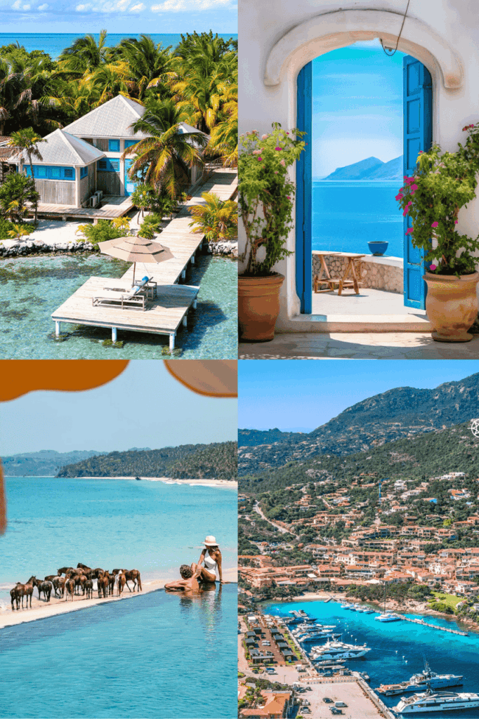 Best Travel Destinations 2025. Includes a picture of a house on a tropical island, a door overlooking he ocean on a greek island, a woman on the edge of a pool overlooking a beach with horses