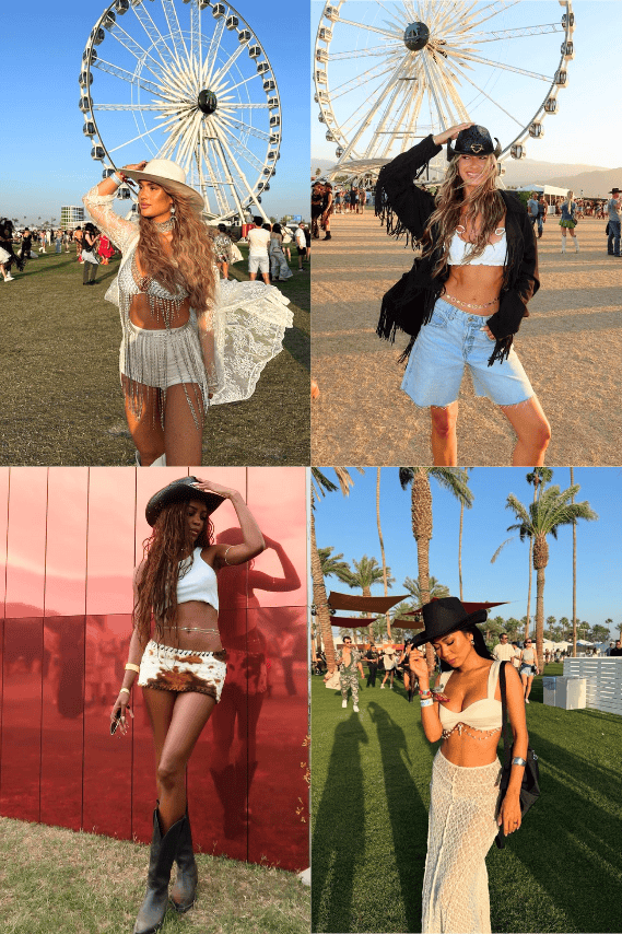 Country concert oufit ideas woman in a cute white two piece set and cowgirl hat