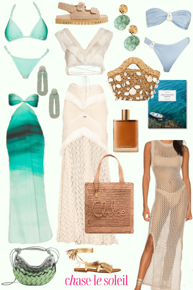 Collage of summer resortwear clothes what to wear in Mykonos