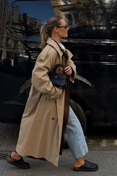 clog outfit ideas how to wear clogs with a trench coat