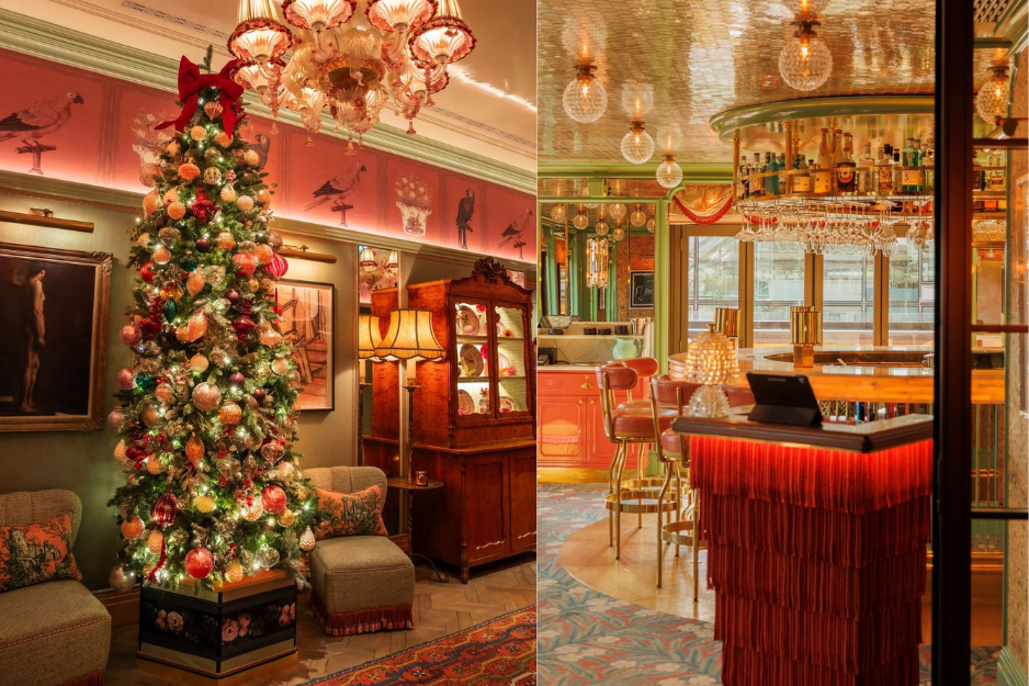 The Broadwick Soho lobby glowing with Christmas lights and festive décor, one of the most stylish London Christmas Hotels.