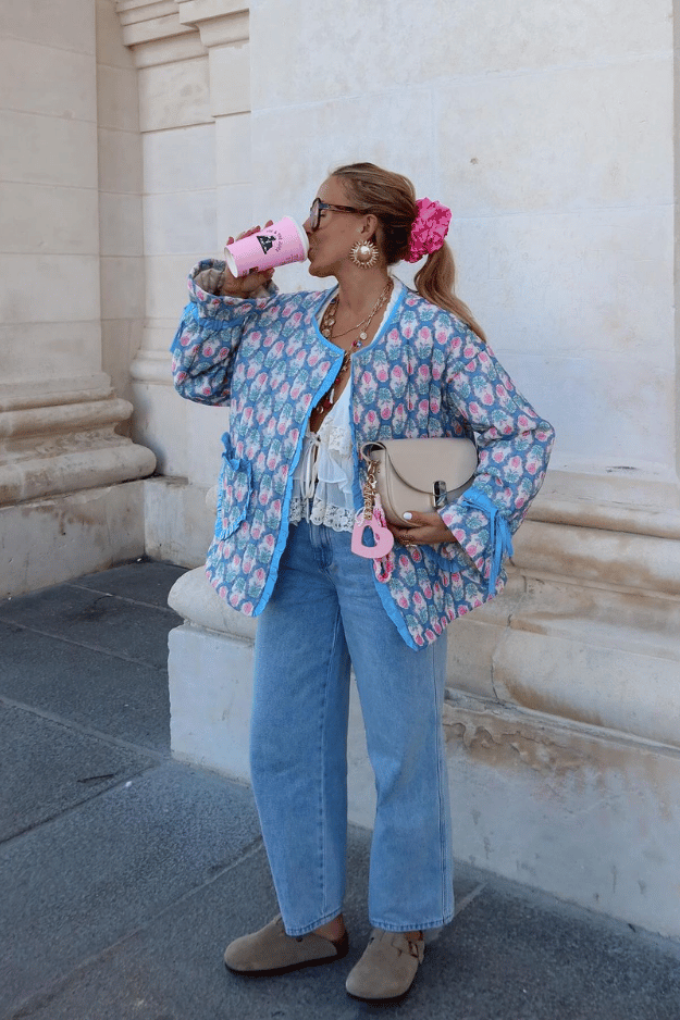 clog outfit ideas styled with a quilted jacket