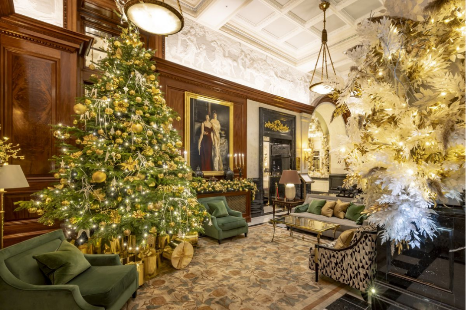 The Savoy London dressed in gold and sparkle for the holidays, ranked among the best hotels for London Christmas stays.