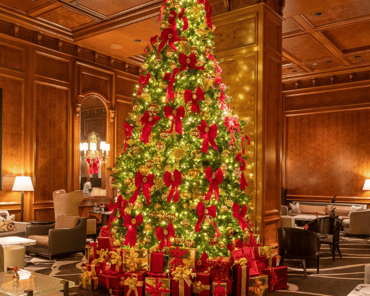The Ritz-Carlton New York, Central Park with Christmas lights and holiday elegance, a timeless choice for New York City Christmas Hotels.