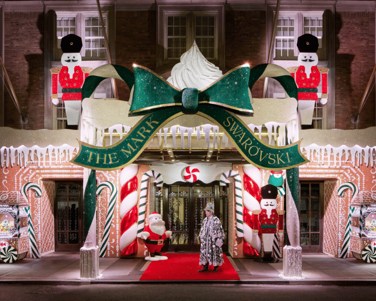 Festive front entrance of The Mark Hotel on the Upper East Side, a glamorous addition to New York City Christmas Hotels.