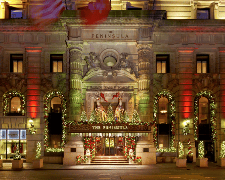 The Peninsula New York rooftop chalet and holiday decor, one of the most luxurious New York City Christmas Hotels for winter stays.