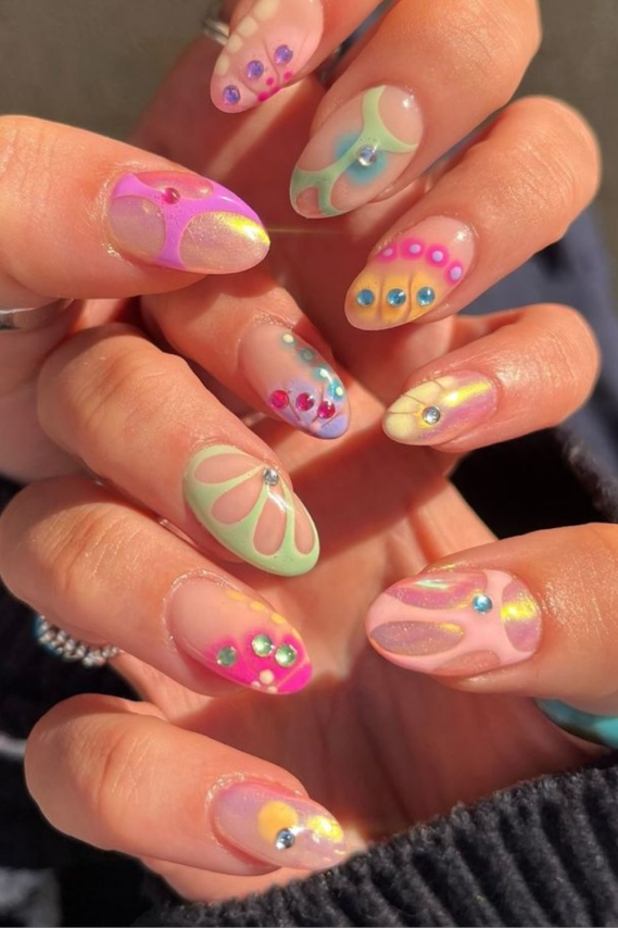 cool neon floral details festival nail ideas
