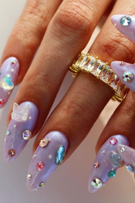 Purple bejeweled festival nail ideas and manicure nail inspo