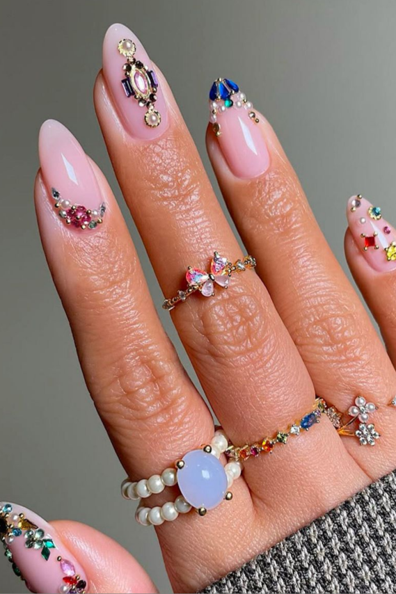 Nude nails with rhinestone accents a great festival nail ideas