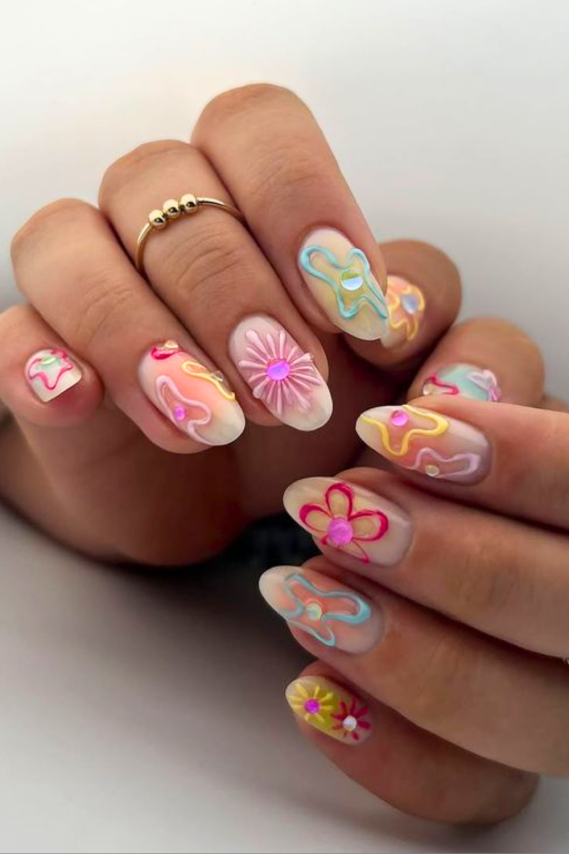 floral jelly manicure perfect for festival nail ideas