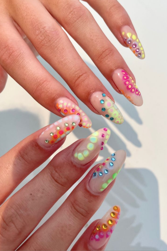 tie dye nails with rhinestone another great festival nail ideas